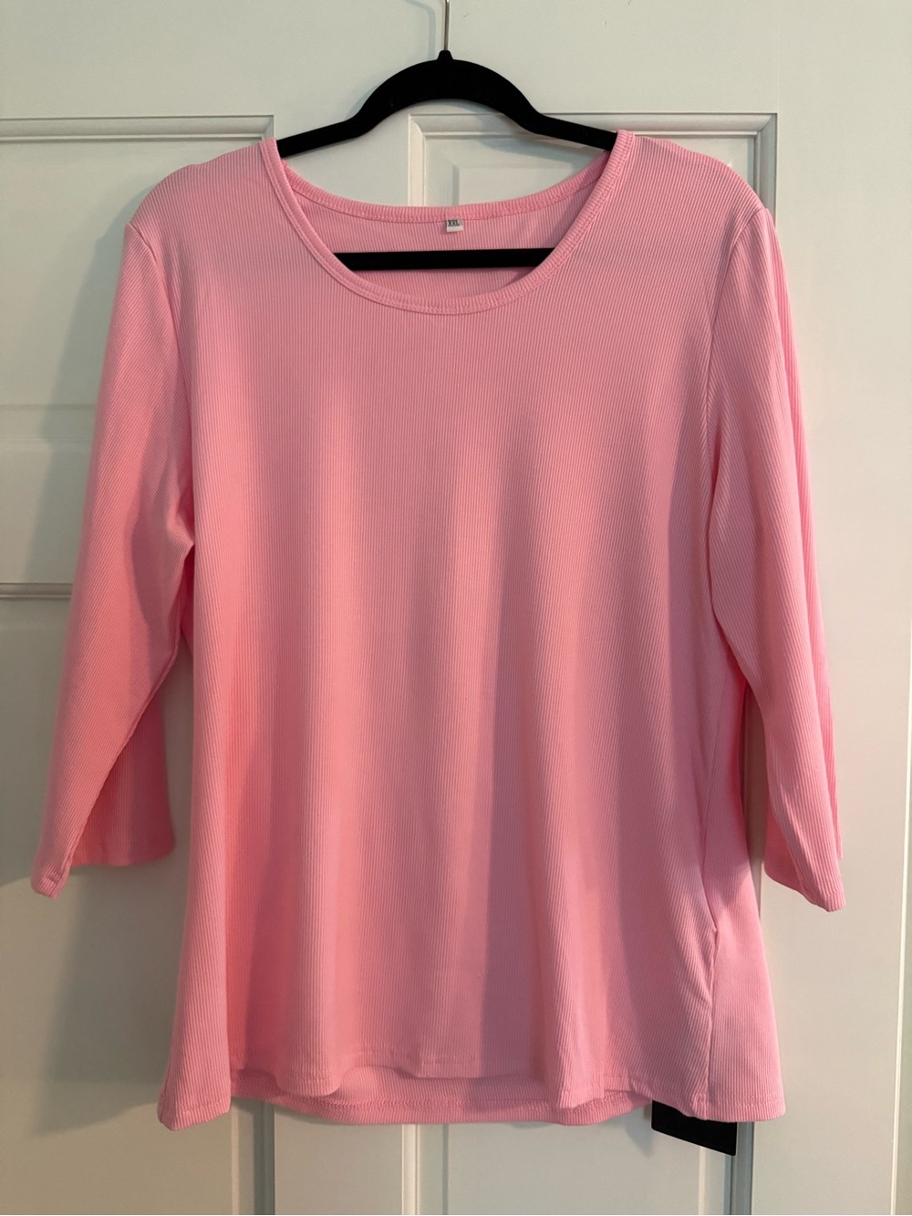 Women's Pink Ribbed 3/4 Sleeve Crewneck Top